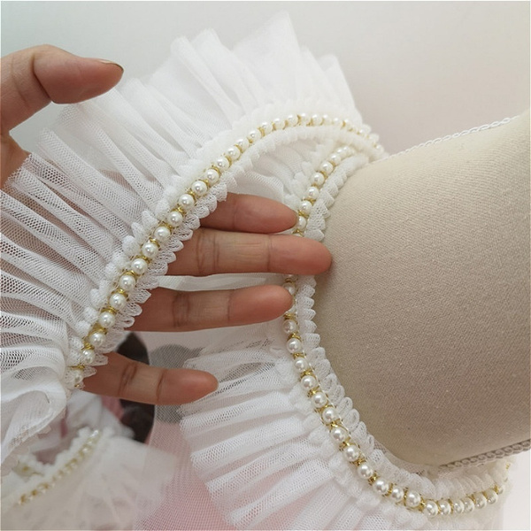 2M Pearl Beaded and Lace Net Fabric Pleated Ruffle Edge Frill Sewing Trim  Dress Ribbon Craft DIY