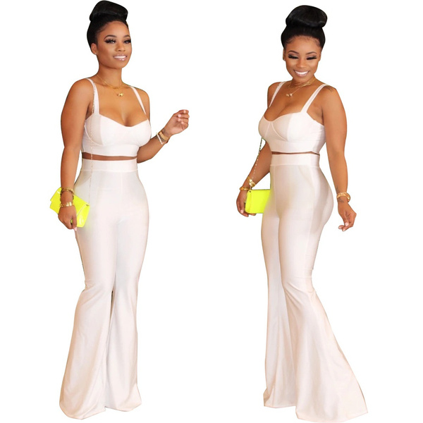 White Sexy Two Piece Set Women Clothing Sets Summer Party Club Outfits For  Women One Shoulder Crop Top And Slit Flare Pants Set - Pant Sets -  AliExpress