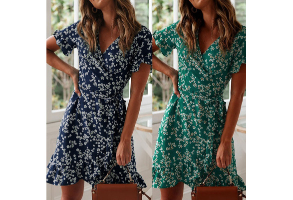 Women Dresses Summer Sexy V Neck Floral Print Boho Beach Dress Ruffle Short  Sleeve A Line Mini Dress Wrap Sundress Robe