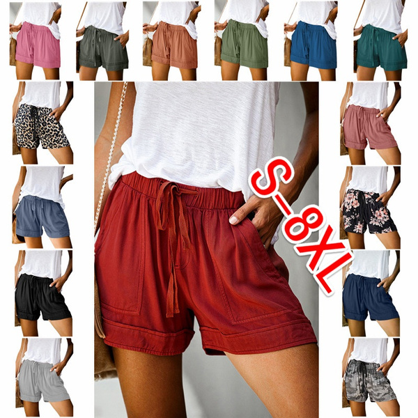 Summer Women Shorts with Pockets Plain Pure Color and Print Shorts  Drawstring Elastic Waist Short Pants Beach Lightweight Short Lounge Pants  Ladies Plus Size Casual Shorts S-8XL