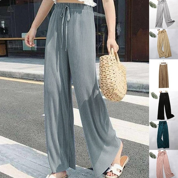 Augper Fall Womens Cotton Linen Casual Pants Straight Leg Drawstring  Elastic High Waist Loose Comfy Palazzo Trousers with Pockets 
