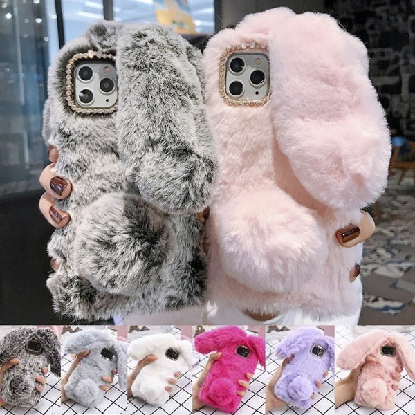 Women s Fashion Bling Diamond Bunny Rabbit Fur Plush Fuzzy Fluffy