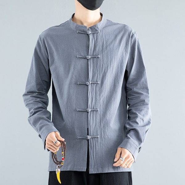 Men Cotton Linen Shirt Formal Vintage 