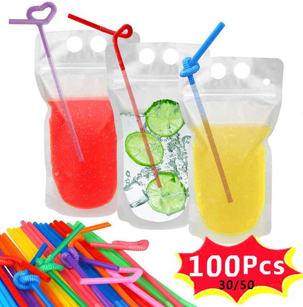 Drink Pouches with Straw Holes, Freezable Juice Bags Pouches, Plastic  Pouches Drink Bags for Cold & Hot Drinks for Smoothies Juice Travel  Party(30/50/100PCS)