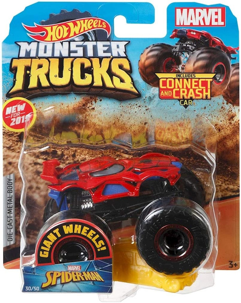 Hot Wheels Monster Trucks Spider-Man Character Vehicle - Connect and Crash  Car Included 30/50 1:64 - Red and Black Vehicle with Giant Wheels