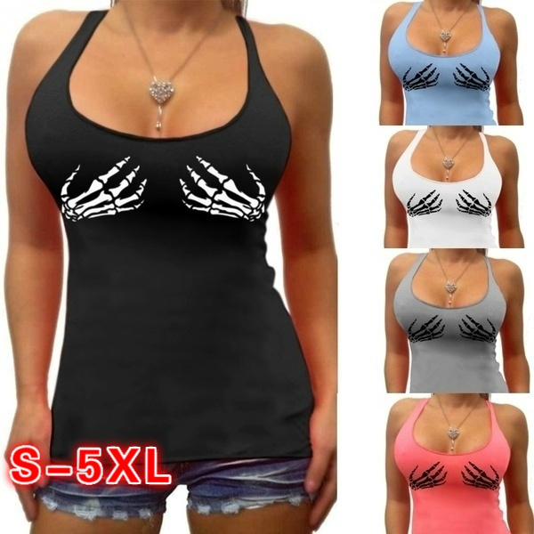 2020 New Women Fashion Summer Sleeveless Tank Tops Skull Fingers Print  Casual Tops Ladies Slim Fit Plus Size S-3XL Cotton Vest Gym Sport Tanks