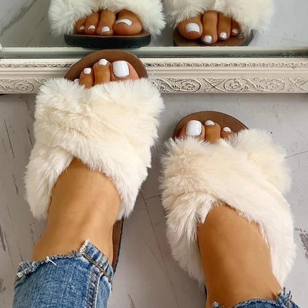 Women Fur Fluffy Sliders Slippers Slip On Flat Sandals Mules Summer Shoes Ladies