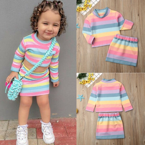 2Pcs Toddler Baby Girls T-shirt Striped Skirt Set Kids Summer Clothes Outfits