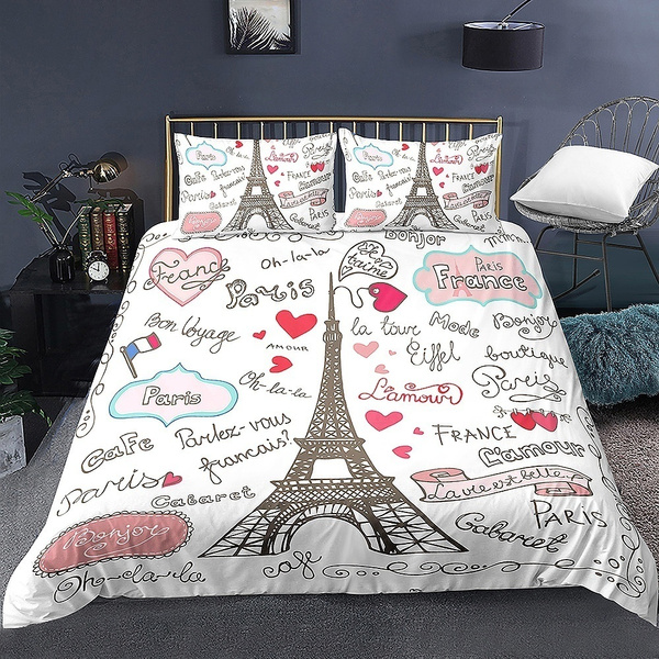 Eiffel Tower Bedding Set Printed 2 3pcs, Paris Duvet Cover King Size Cotton
