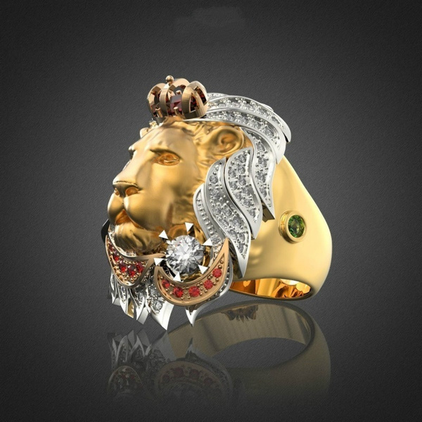 Mens lion online head ring gold