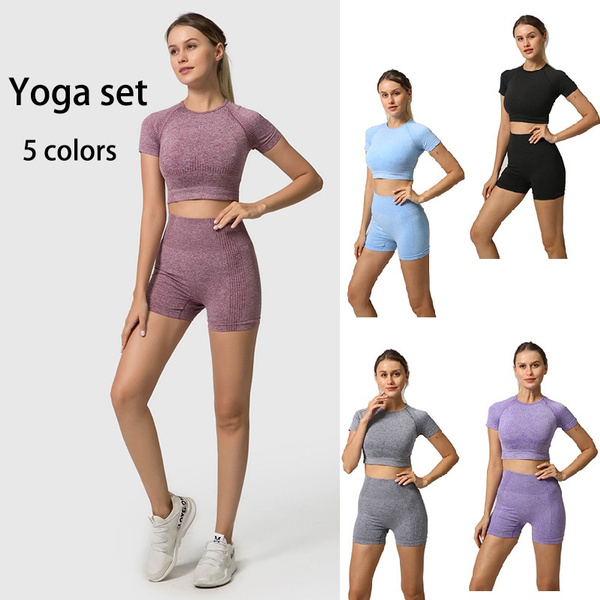 Vital Seamless Gym Set Workout Clothes Women Short Sleeve Crop