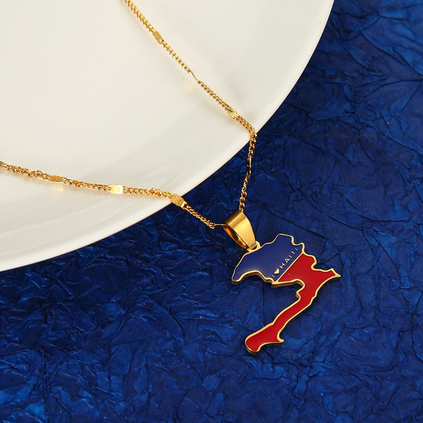 Stainless Steel Enamel The Republic of Haiti Map Pendant Necklace Gold Color Haiti Map Chain