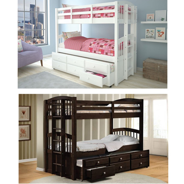 Wooden Twin Over Bunk Bed Frame, Twin Over Wood Bunk Bed With Trundle And Drawers