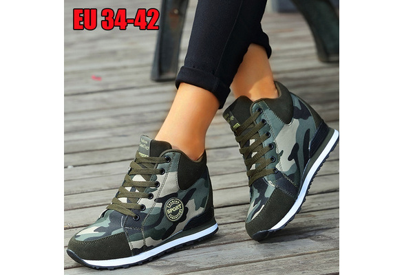 Women Wedge Camouflage Lace Up Sneakers High Top High Heel Slip On Running Shoes