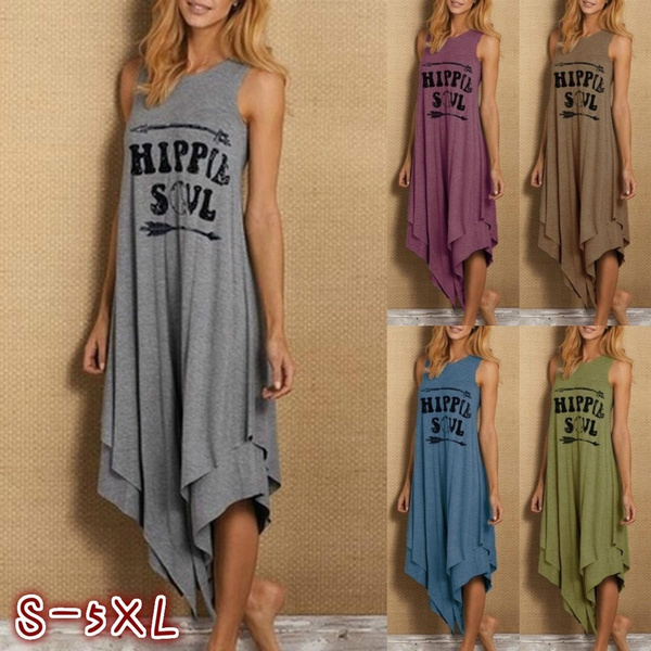 Maxi Dresses for Women Hippie Soul Letters Printed Side Split Pockets Sundress Summer Sleeveless Long Dress Casual Loose T-Shirt Dress 