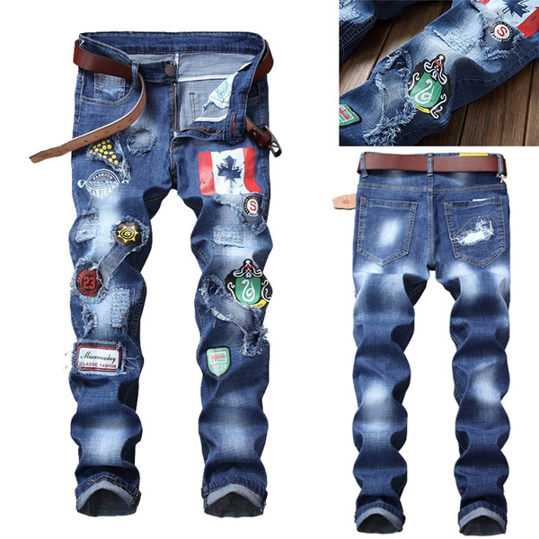 Nuevos pantalones vaqueros ajustados informales de moda para hombre, parches  bordados, pantalones elásticos, pantalones vaqueros rasgados | Wish