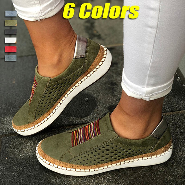 Ladies Fashion Breathable Round Toe Hollow-Out Leather Loafers Shoes ...