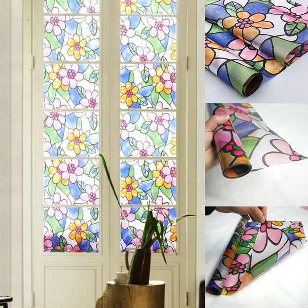 3D Floral Static Window Film Privacy Opaque Frosted Stained Glass Art Stickers 