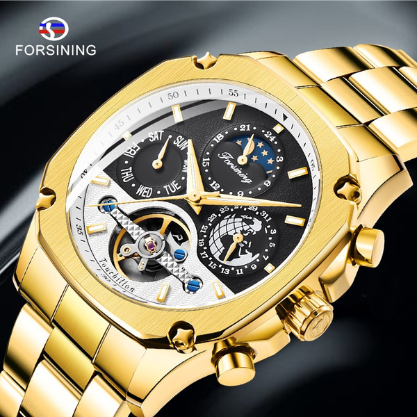 FORSINING Men Tourbillon Sun Moon Square Mechanical Watch Gold