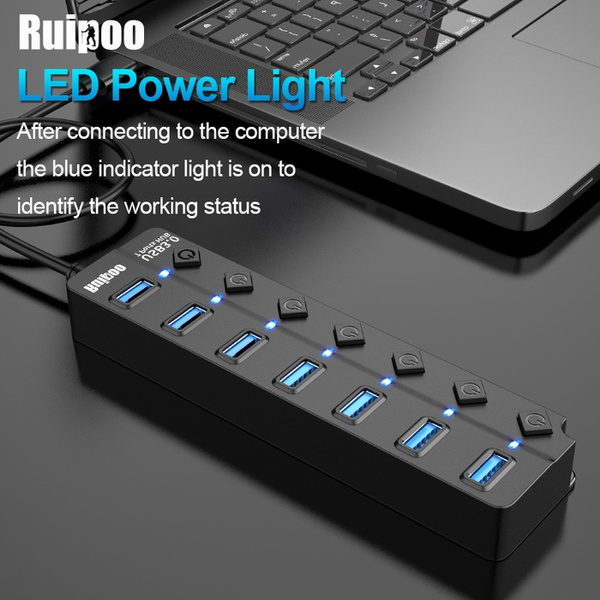 edited 7 Ports LED USB Adapter Hub Power on/Off Switch for PC Laptop Hubs