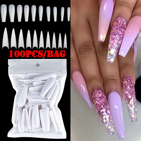 100pcs Bag Clear Coffin Ballerina Nail Tips Long Stiletto False Nails Tips Professional Full Cover Half Cover Diy Acrylic Fake Nails Wish