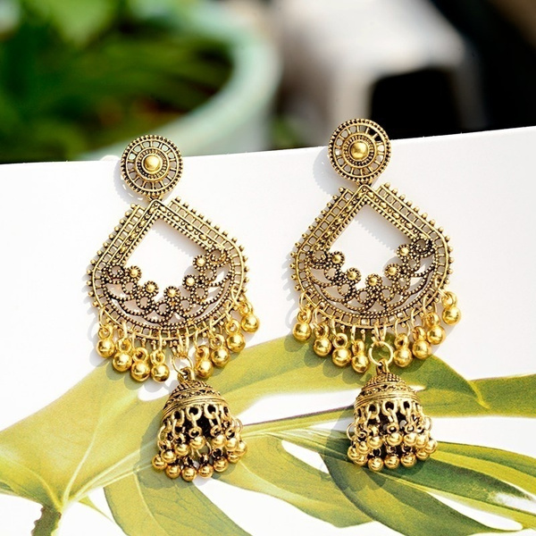 Women's Gold Color Big Round Indian Jhumka Earrings 2022 Ethnic Gypsy Pearl  Tassel Drop Earring Fashion