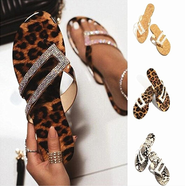 Plus Size 5-11 Fashion Leopard Print Women Sandals Flip Flops Slipper Bling  Bling Summer Shoes Flat Heel Casual Beach Slippers for Women