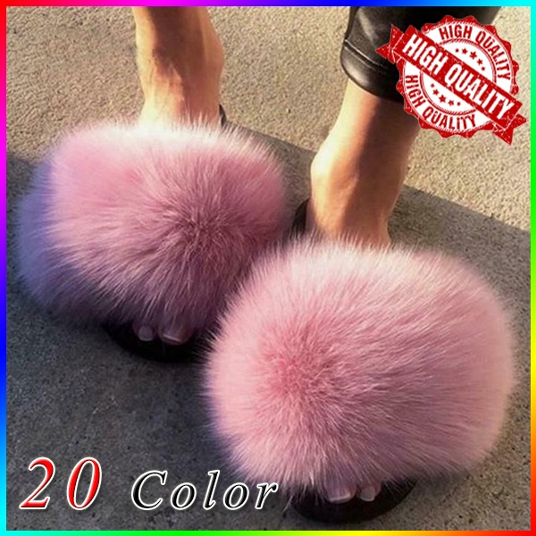 Pink Fur Slides Slippers Big Fluffy Fur Sandals