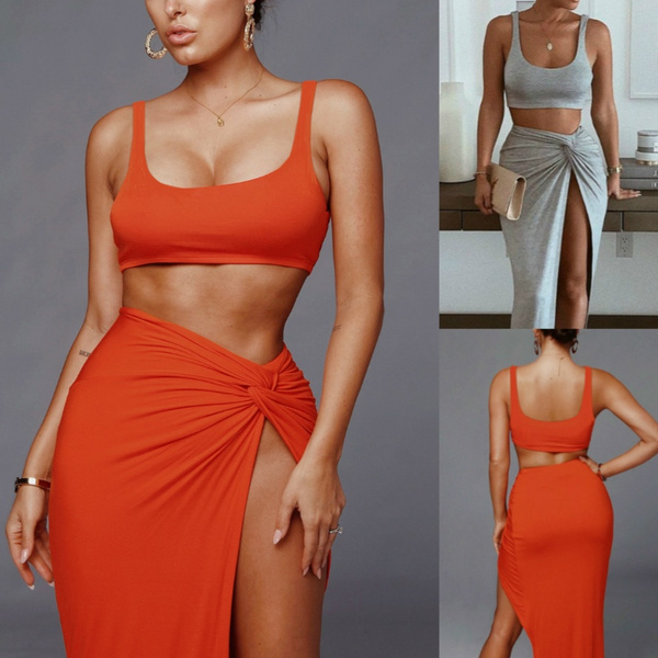 Crop Top Long Skirts Side Slit Matching 