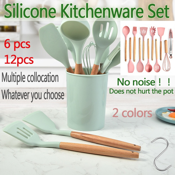 12PCS Wooden Handle Pasta Colander Soup Spoon Brush Silicone