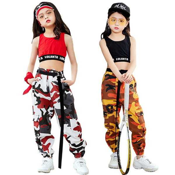 Loodgao Kids Girls 2 Piece Workout Outfits Camouflage Short Sleeve Crop Top with Jogger Pants Set Hip Hop Dance Clothes 
