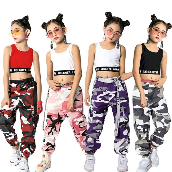 2pcs Kids Girls Hip Hop Street Dance Solo Clothes Set Crop Tank Top+ Red  Camouflage Jogging Pants 4-15Yrs