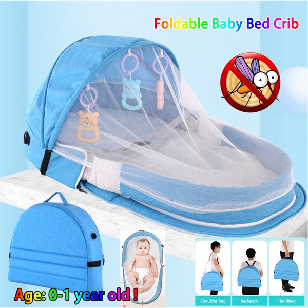 Baby Travel Bed for 0-24 Month Baby Blue Pattern Baby Cots Newborn Foldable Crib with Mosquito Net Portable Baby Bed,Travel Folding Baby Crib