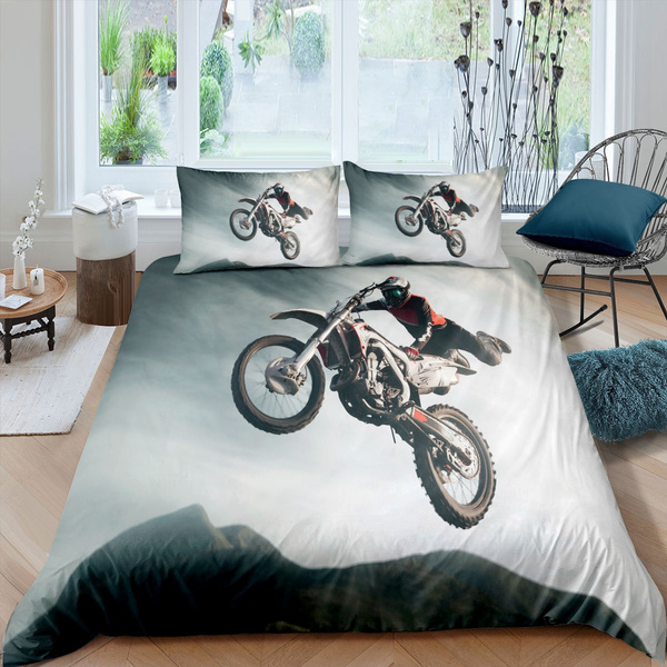Full PICTURESQUE 3D Motorcycle Dirt Bike Bedding Quilt Cover Duvet Cover Set with Pillow Case