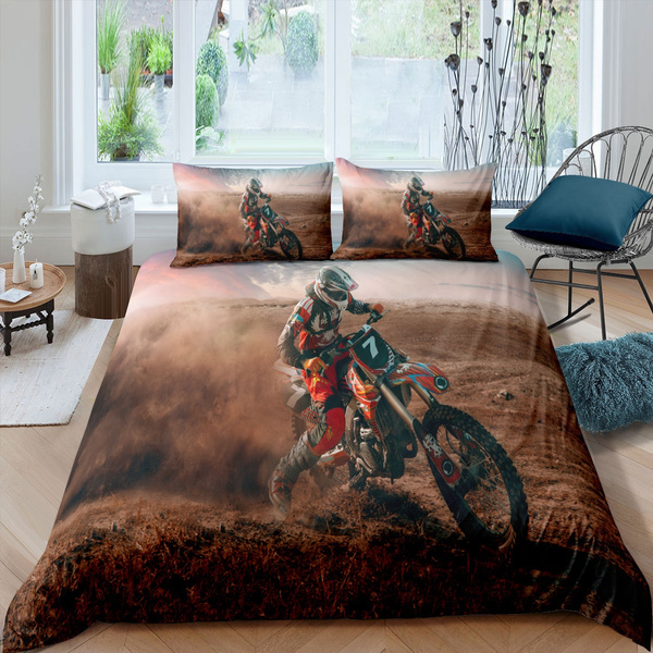 Full PICTURESQUE 3D Motorcycle Dirt Bike Bedding Quilt Cover Duvet Cover Set with Pillow Case