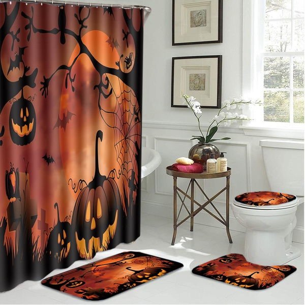 Halloween Pumpkin Shower Curtain BathMat Toilet Cover Rugs Bathroom Set 1/3/4Pcs Halloween Pumpkin Shower Curtain BathMat Toilet Cover Rugs Bathroom Set 1/3/4Pcs