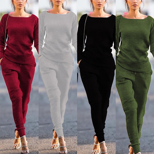 Autumn Women's Solid Set Casual Knitted Tracksuit Sportswear Sweatshirts  Outfits