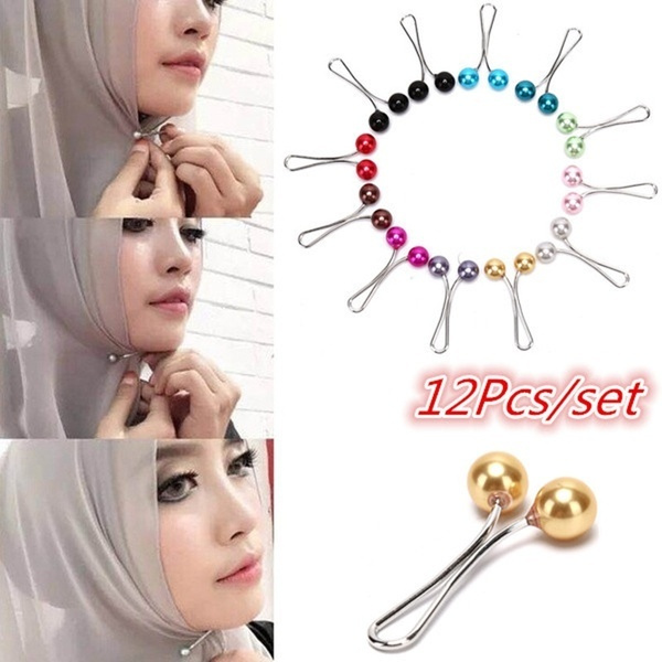 12pcs Pearl Scarf Brooch Pin Headscarf Shawl Scarf Lady Muslim Scarf Hijab  Clips