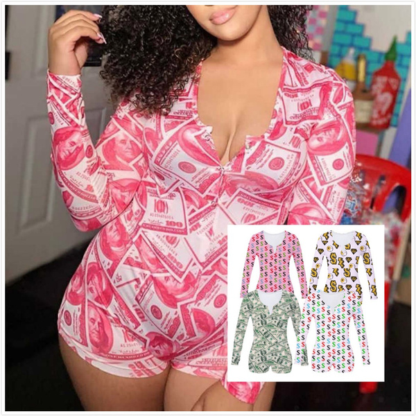 Women Fashion Dollar Printed One Piece Money Print Short Pajamas for Women Adult Sleepwear Jumpsuit Home Wear Big Size Pajamas Onesies