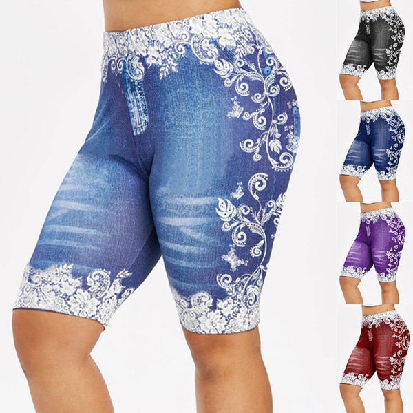 Women Fashion 3D Floral Print Denim Shorts Leggings Plus Size Jeggings Shorts  Leggings