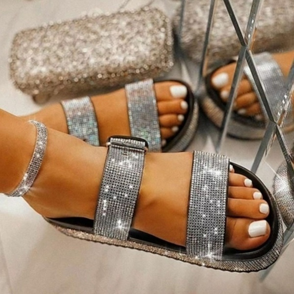  Womens Glitter Flat Sandals Rhinestone Open Toe Shoes