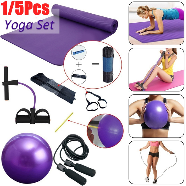 Pilates and Fitness Yoga Mat Set Include Exercise Ball,Jump Rope Pilates Ball with Pipe Yoga Mat with Carrying Strap and Storage Bag for Yoga Ankle Puller 