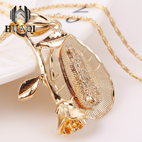 18k Gold Virgin Mary Necklace + Rose 