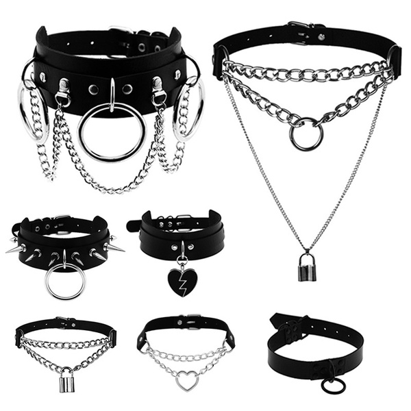 Leather Necklace Goth Chains Punk 