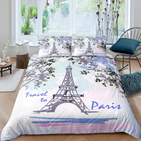 Paris Eiffel Tower Vintage Purple Theme Themed Full Double Queen Size Quilt Duvet Cover Set Bedding Made in Turkey ighm Vicenta lilalila TAC 100% Turkish Cotton 4 Pcs!