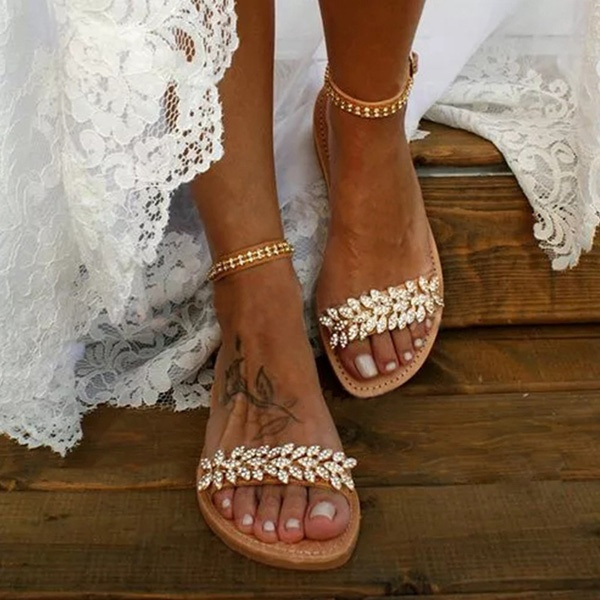 Sandalias planas de para mujer, sandalias con hebilla de Punta abierta de diamante de imitación, sandalias fiesta de casamiento de talla grande 34-43 Wish