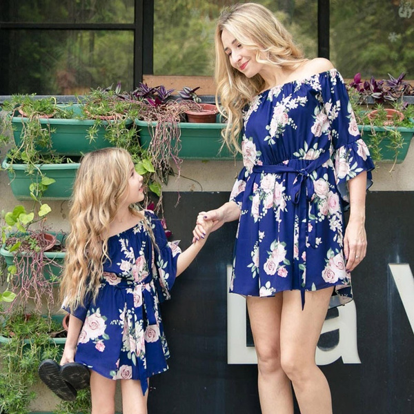 Off-Shoulder Mother Daughter Dress Family Matching Outfits Mommy and Me  Clothes