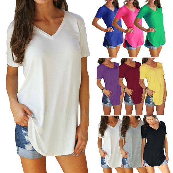 Amoretu Women's V-Neck Short Sleeve T-Shirt - Solid Color, Loose Fit, Rayon Spandex Blend - View #4