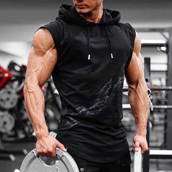 2020 Fashion Men's Sleeveless Hooded Fitness Tank Tops Pullover Hoodies  Bodybuilding Vest Gym Sports Wear Training Workout Sweatshirts Suits