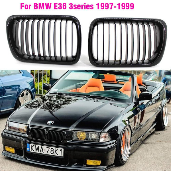 Pair Front Gloss Black M Style Kidney Grille Grill Compatible with 1997-1999 BMW E36 3-series 318i 323ic 328i 323i